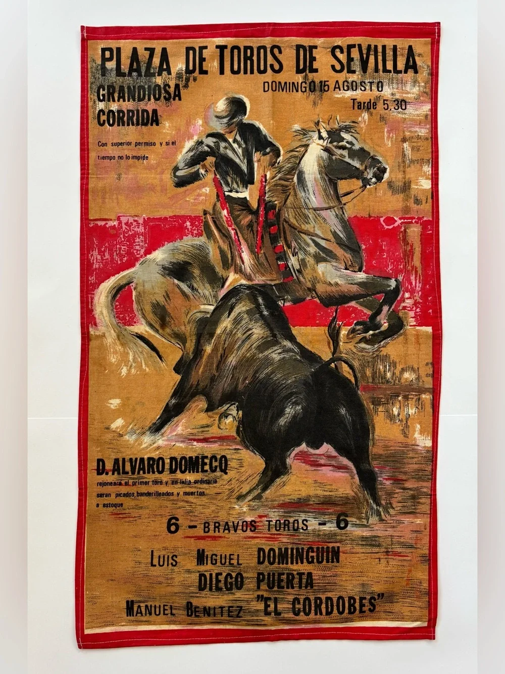 Vintage Linen Plaza de Toros de Sevilla Bullfight Tea Towel